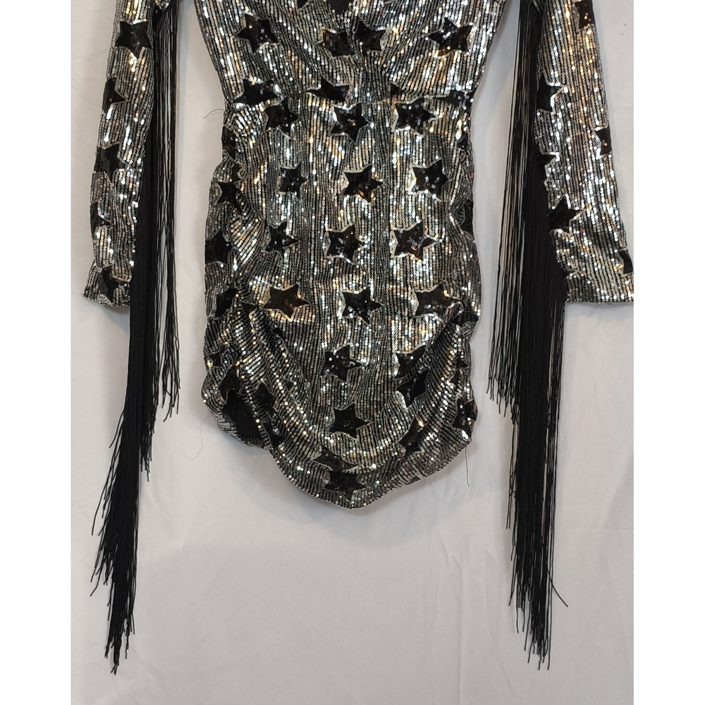 Nasty Gal V-neck Star Sequined Fringe body con long Sleeve Mini Dress Size 0 - Picture 8 of 9